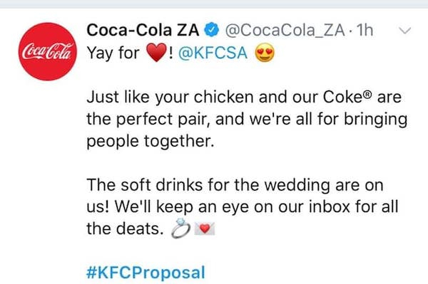 coca cola - v CocaCola Za 1h Yay for ! Coca Cola Just your chicken and our Coke are the perfect pair, and we're all for bringing people together. The soft drinks for the wedding are on us! We'll keep an eye on our inbox for all the deats.