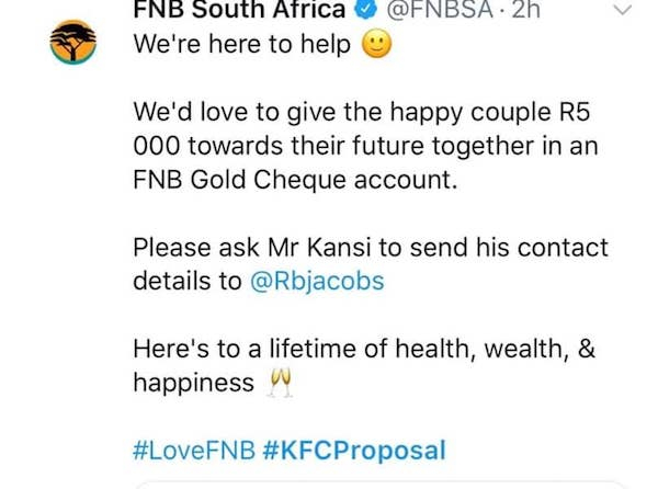 document - V Fnb South Africa We're here to help We'd love to give the happy couple R5 000 towards their future together in an Fnb Gold Cheque account. Please ask Mr Kansi to send his contact details to Here's to a lifetime of health, wealth, & happiness