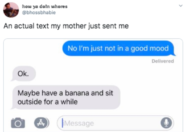 multimedia - how ya dole whores An actual text my mother just sent me No I'm just not in a good mood Delivered Ok. Maybe have a banana and sit outside for a while O A Message