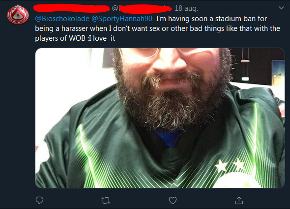 beard - 18 aug. I'm having soon a stadium ban for being a harasser when I don't want sex or other bad things that with the players of Wob I love it