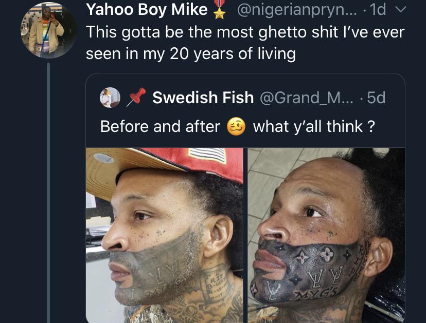 beard - Yahoo Boy Mike ... 1d v This gotta be the most ghetto shit I've ever seen in my 20 years of living Dx Swedish Fish ... 5d Before and after what y'all think?