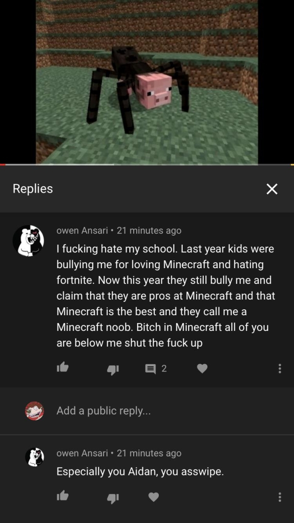 screenshot - Replies owen Ansari 21 minutes ago I fucking hate my school. Last year kids were bullying me for loving Minecraft and hating fortnite. Now this year they still bully me and claim that they are pros at Minecraft and that Minecraft is the best 