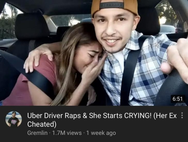photo caption - Uber Driver Raps & She Starts Crying! Her Ex Cheated Gremlin 1.7M views. 1 week ago