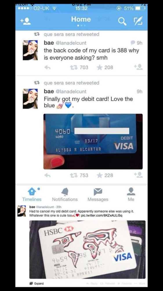 credit card twitter - Uit ...0 O2Uk Oruz Ve Home @ 51% Qre que sera sera retweeted bae 9h the back code of my card is 388 why is everyone asking? smh 13 703208 9h t3 que sera sera retweeted bae Finally got my debit card! Love the blue Debit O 4060 geen 03