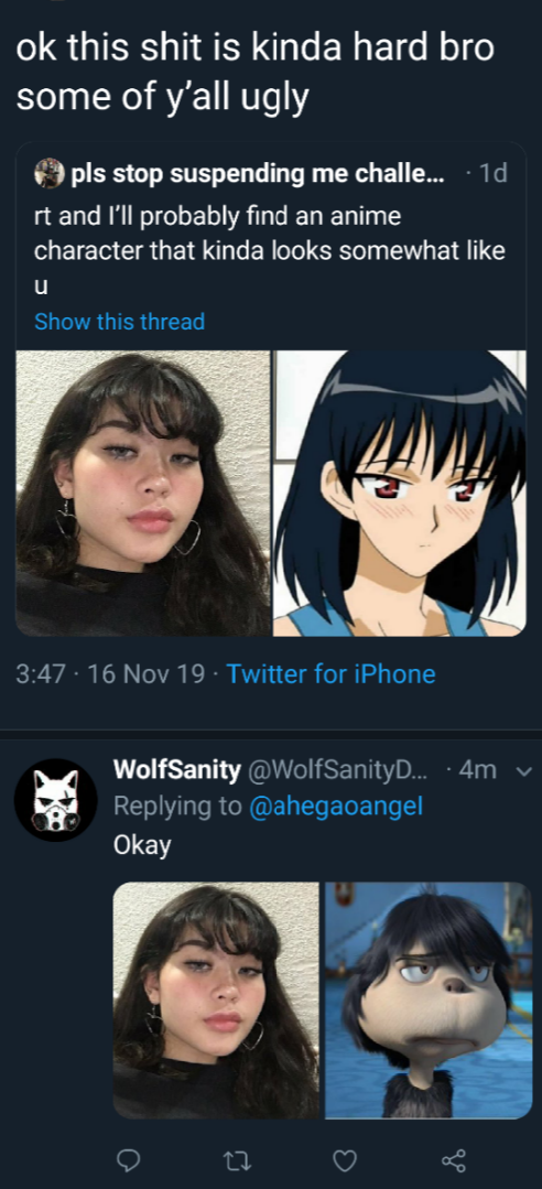 hairstyle - ok this shit is kinda hard bro some of y'all ugly pls stop suspending me challe... Td rt and I'll probably find an anime character that kinda looks somewhat Show this thread 16 Nov 19 Twitter for iPhone v WolfSanity . 4m Wahegaoangel Okay