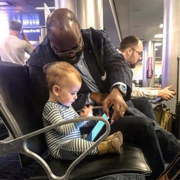 While waiting to board our plane, my daughter was approaching everyone and saying hi until she walked up to this man. He asked if she wanted to sit with him. He pulled out his tablet and they watched cartoons together, and she offered him snacks. This wasn’t a short little exchange, this was 45 minutes.