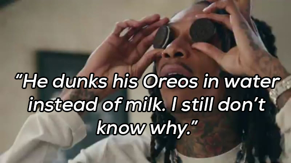 photo caption - "He dunks his Oreos in water instead of milk. I still don't know why."