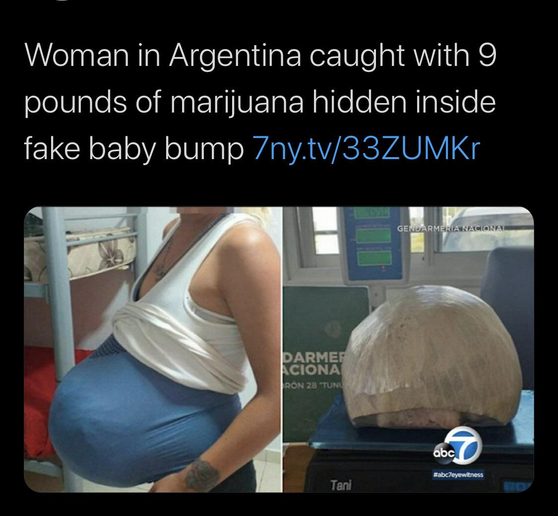 Drug - Woman in Argentina caught with 9 pounds of marijuana hidden inside fake baby bump 7ny.tv33ZUMKO Gendarmeria Nacional Parmer Aciona Ron 28 Tune abc Tani