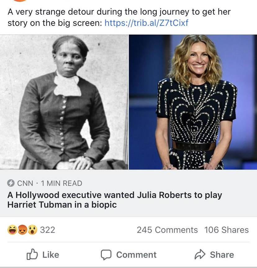 harriet tubman - A very strange detour during the long journey to get her story on the big screen Cnn 1 Min Read A Hollywood executive wanted Julia Roberts to play Harriet Tubman in a biopic 322 245 106 Comment
