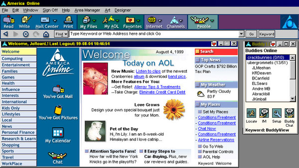 aol 1999 - America Online File Edit Window Sign Off Help Area Manager Art Designer Read Write Mail Center Print My Files My Aol Favorites Internet Channels Find Type Keyword or Web Address here and click o A Welcome, JoRoanL! Last Logout 990804 54 Welcome