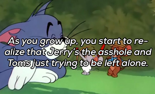 cartoon - As you grow up, you start to re alize that Jerry's the asshole and Toms just trying to be left alone.