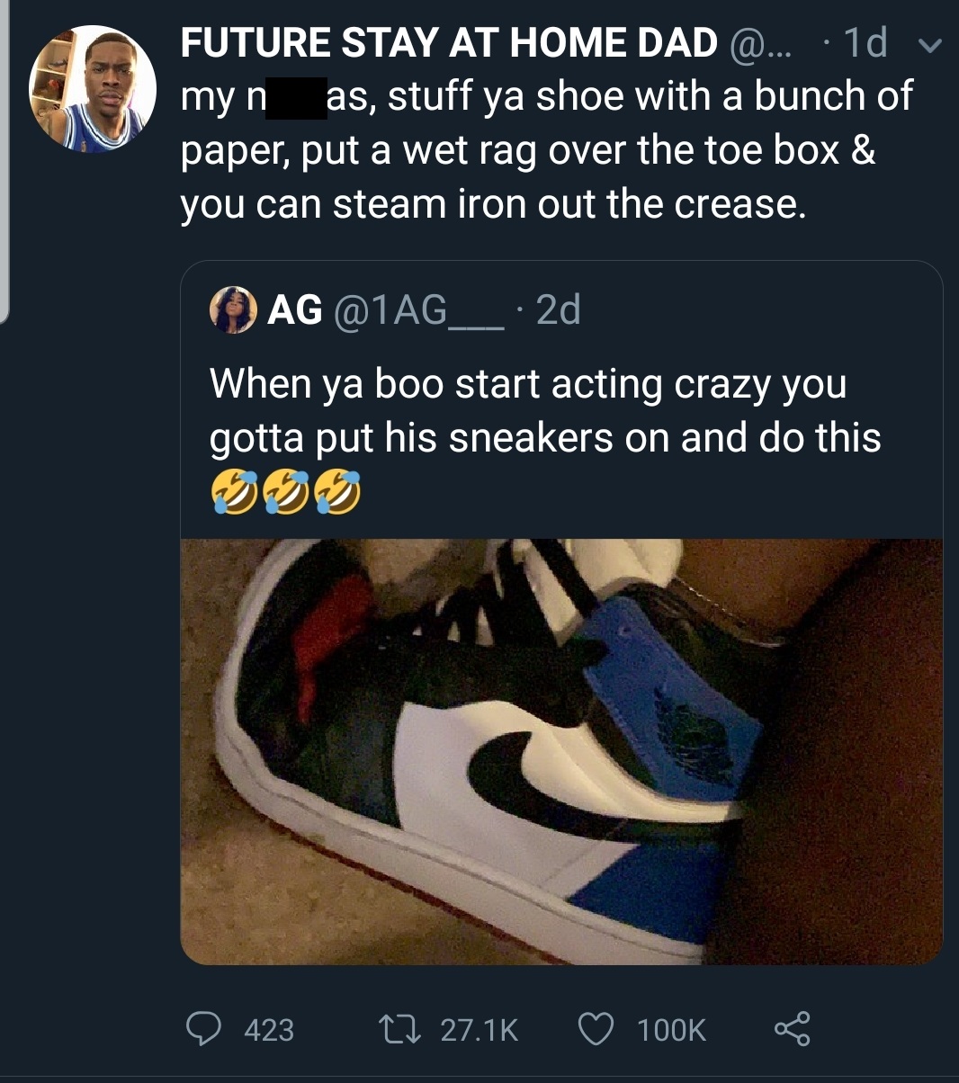outdoor shoe - Future Stay At Home Dad @... 1d v myn as, stuff ya shoe with a bunch of paper, put a wet rag over the toe box & you can steam iron out the crease. Ag . 2d When ya boo start acting crazy you gotta put his sneakers on and do this O 423 27