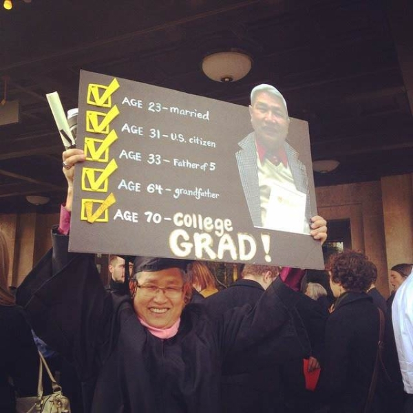 old people graduating college - Age 23married Age 310.5. citizen Age 33 Father of 5 64 grandfather Age 70college Grad!