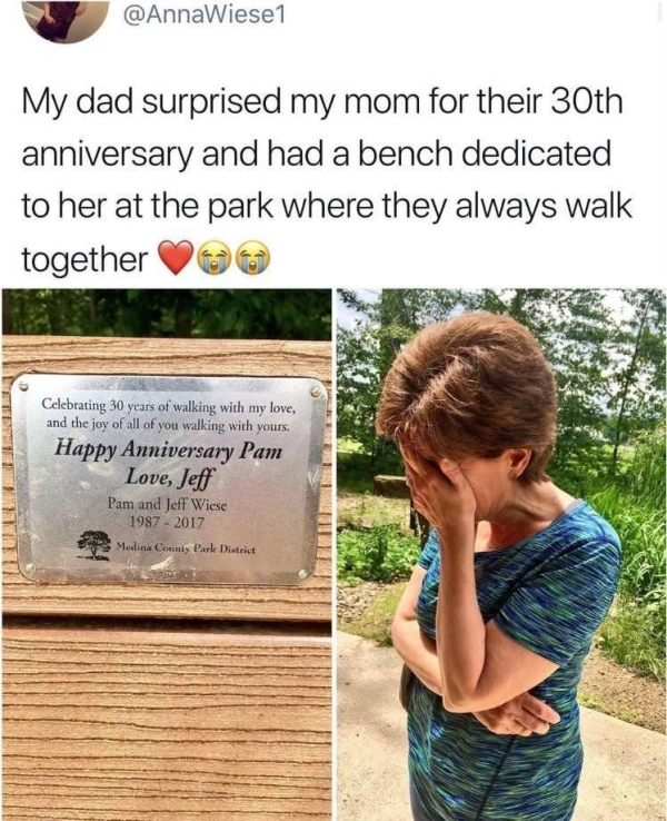 funny wholesome memes - My dad surprised my mom for their 30th anniversary and had a bench dedicated to her at the park where they always walk together Celebrating 30 years of walking with my love, and the joy of all of you walking with yours. Happy Anniv