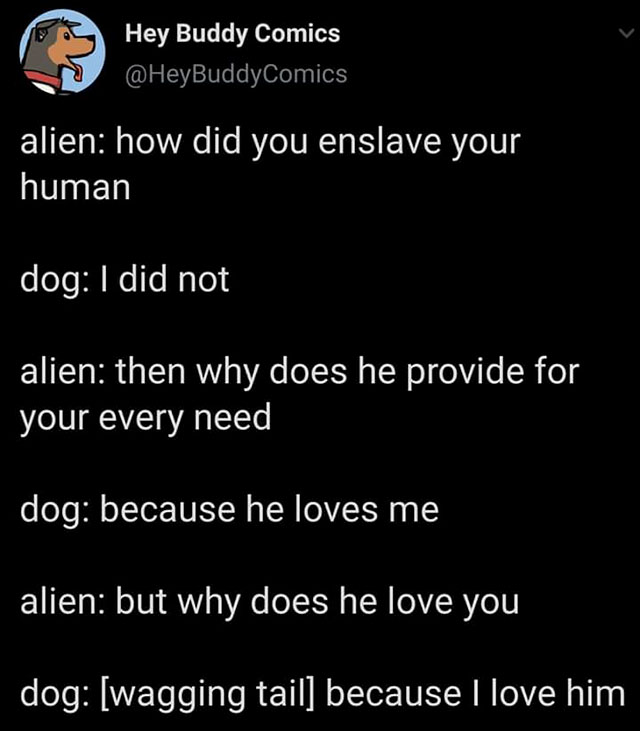 did you enslave your human dog - Hey Buddy Comics Comics alien how did you enslave your human dog I did not alien then why does he provide for your every need dog because he loves me alien but why does he love you dog wagging tail because I love him