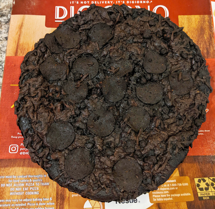 Food - It'S Not Delivery. It'S Digiorno. Dio Keep pire. Oy pers zza must be cooked thoroughly to 1 for food safely & quality Do Not Allow Pizza To Thaw. Do Not Eat Pizza Without Cooking ens may vary so adjust baking time & erature as needed. Pizza is done