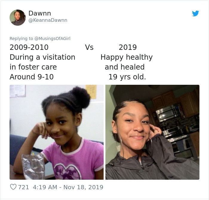 photo caption - Dawnn Vs 20092010 During a visitation in foster care Around 910 2019 Happy healthy and healed 19 yrs old. 721