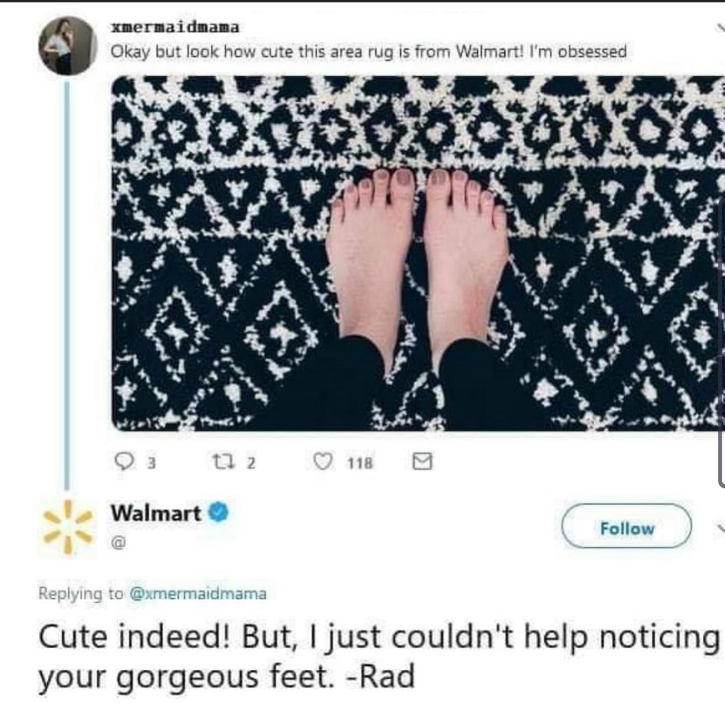 walmart feet tweet - xmermaidmama Okay but look how cute this area rug is from Walmart! I'm obsessed 23 12 118 Walmart Cute indeed! But, I just couldn't help noticing your gorgeous feet. Rad