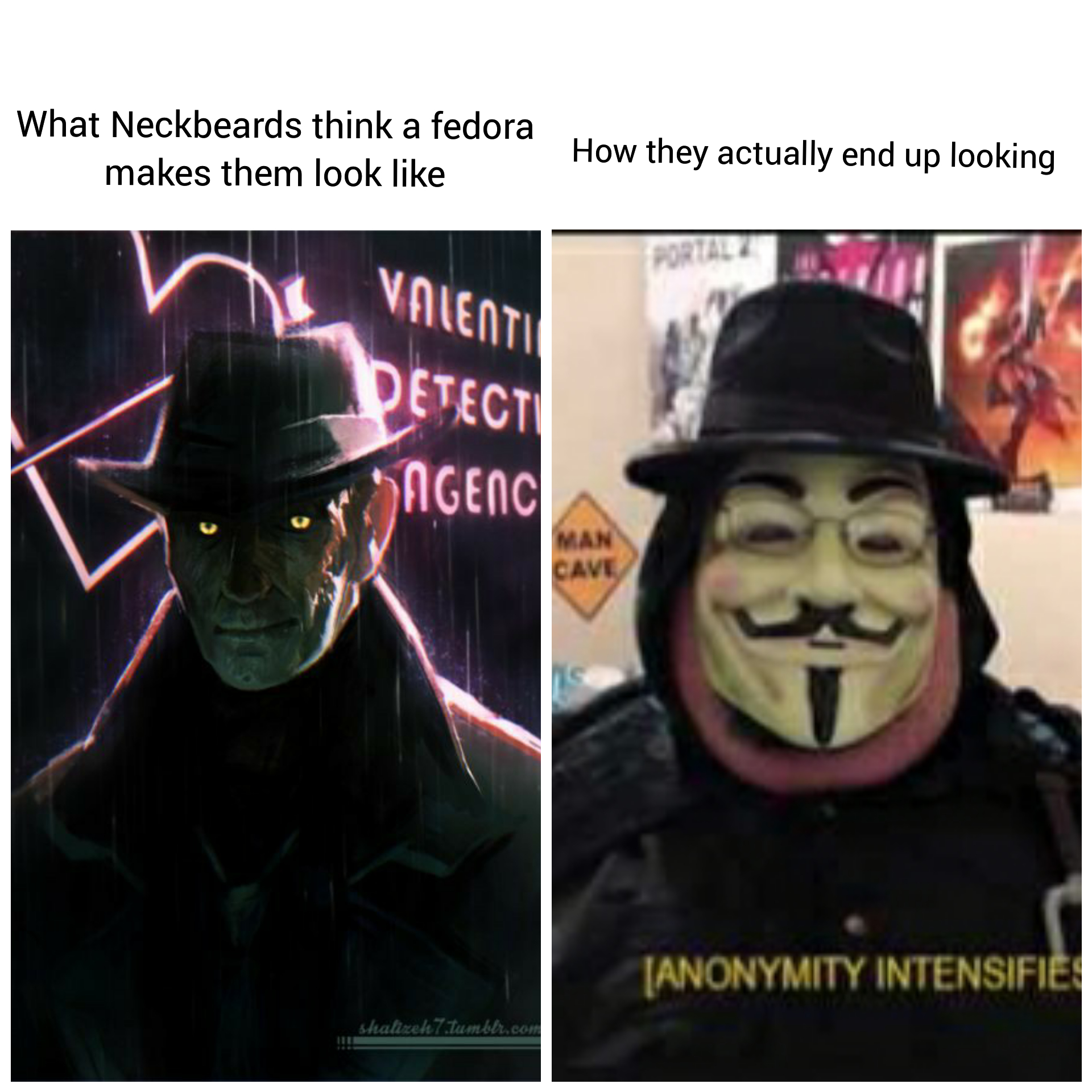 anonymity intensifies - What Neckbeards think a fedora makes them look How they actually end up looking n Valentin Detect Agenc Anonymity Intensifie