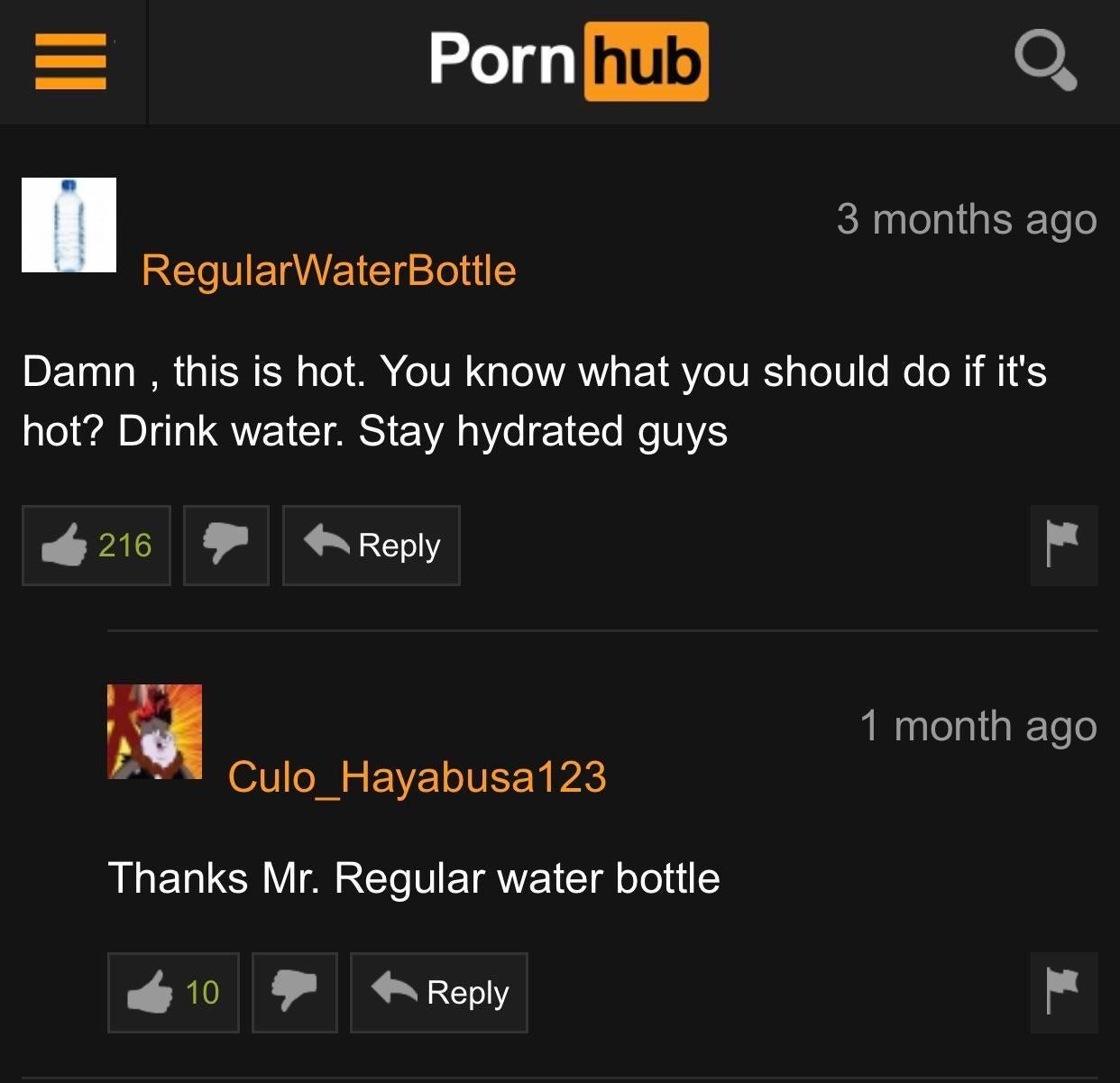 ph comments memes - Porn hub 3 months ago RegularWater Bottle Damn , this is hot. You know what you should do if it's hot? Drink water. Stay hydrated guys 216 1 month ago Culo_Hayabusa123 Thanks Mr. Regular water bottle 10