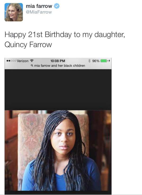 mia farrow black twitter - mia farrow Farrow Happy 21st Birthday to my daughter, Quincy Farrow ...Verizon 96% Q mia farrow and her black children