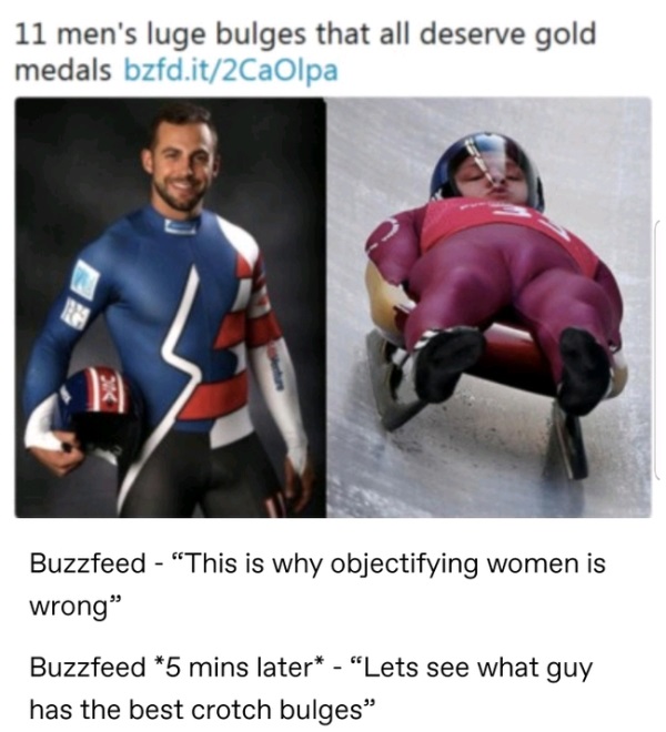 mens bulges - 11 men's luge bulges that all deserve gold medals bzfd.it2CaOlpa Buzzfeed This is why objectifying women is wrong" Buzzfeed 5 mins later "Lets see what guy has the best crotch bulges"