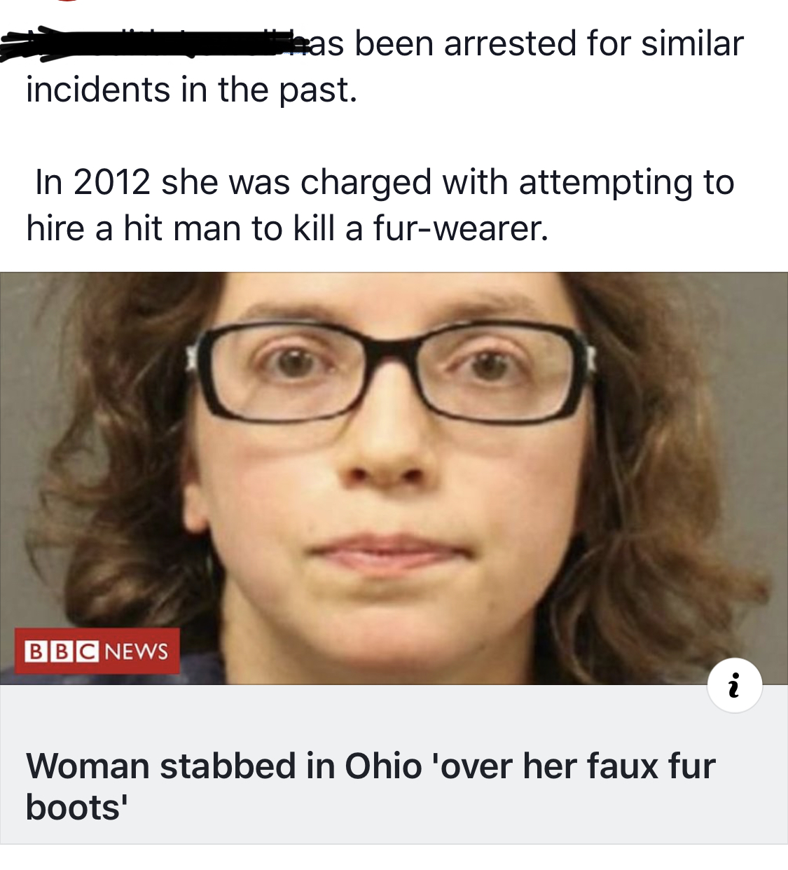 Stabbing - as been arrested for similar incidents in the past. In 2012 she was charged with attempting to hire a hit man to kill a furwearer. Bbc News Woman stabbed in Ohio 'over her faux fur boots'