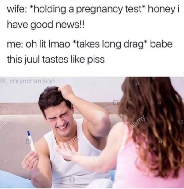 pregnant test with husband - wife holding a pregnancy test honey i have good news!! me oh lit Imao takes long drag babe this juul tastes piss Tam alamy