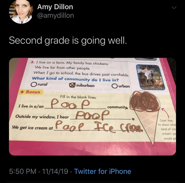 document - Amy Dillon Second grade is going well. 3. I live on a farm. My family has chickens. We live far from other people. When I go to school, the bus drives past cornfields. What kind of community do I live in? Orural suburban O urban Bonus Fill in t