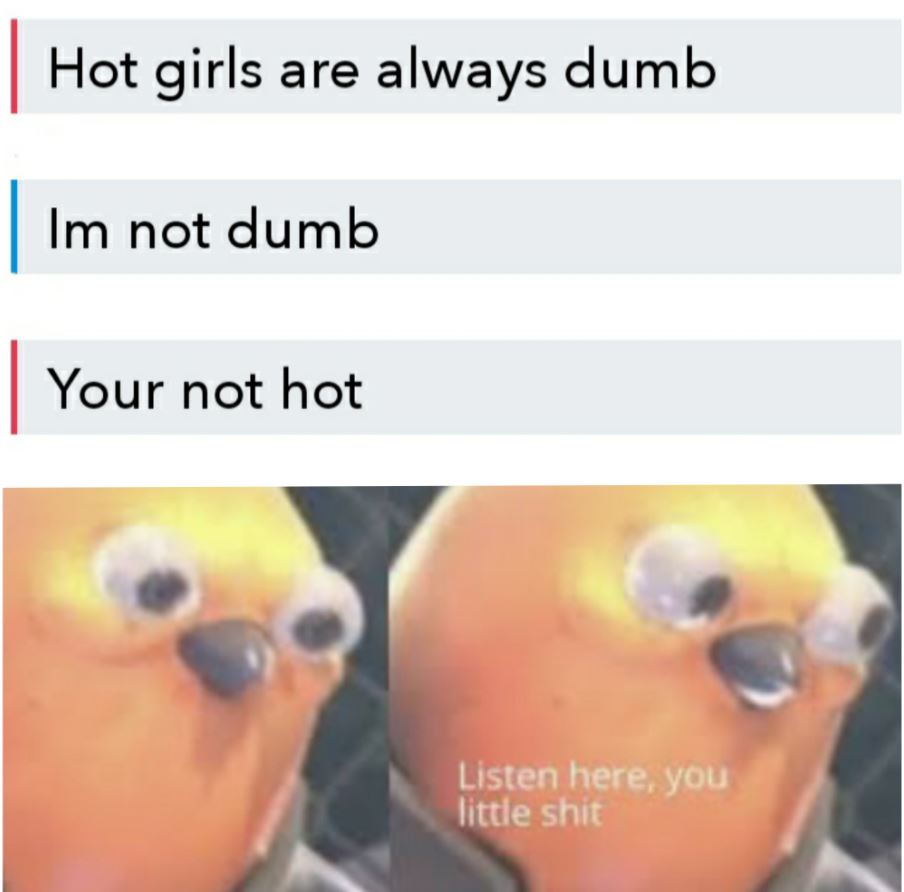 listen here you little meme - Hot girls are always dumb Im not dumb Your not hot Listen here, you little shit