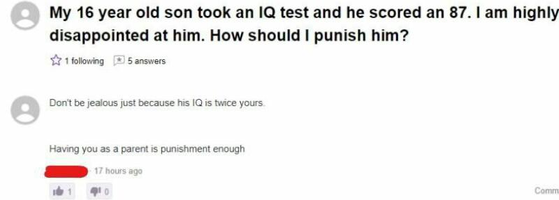 number - My 16 year old son took an Iq test and he scored an 87. I am highly disappointed at him. How should I punish him? 1 ing 5 answers Don't be jealous just because his Iq is twice yours Having you as a parent is punishment enough 17 hours ago 1 20 Co