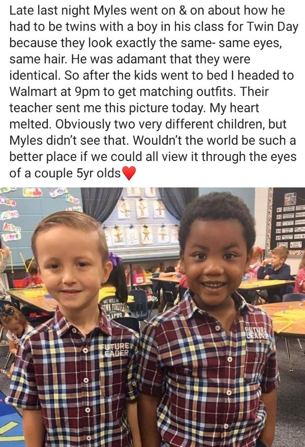 twin day - Late last night Myles went on & on about how he had to be twins with a boy in his class for Twin Day because they look exactly the samesame eyes, same hair. He was adamant that they were identical. So after the kids went to bed I headed to Walm