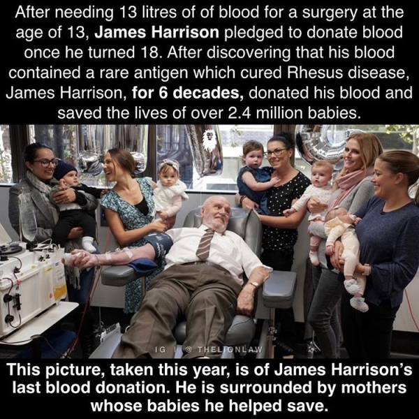 james harrison blood donor - After needing 13 litres of of blood for a surgery at the age of 13, James Harrison pledged to donate blood once he turned 18. After discovering that his blood contained a rare antigen which cured Rhesus disease, James Harrison