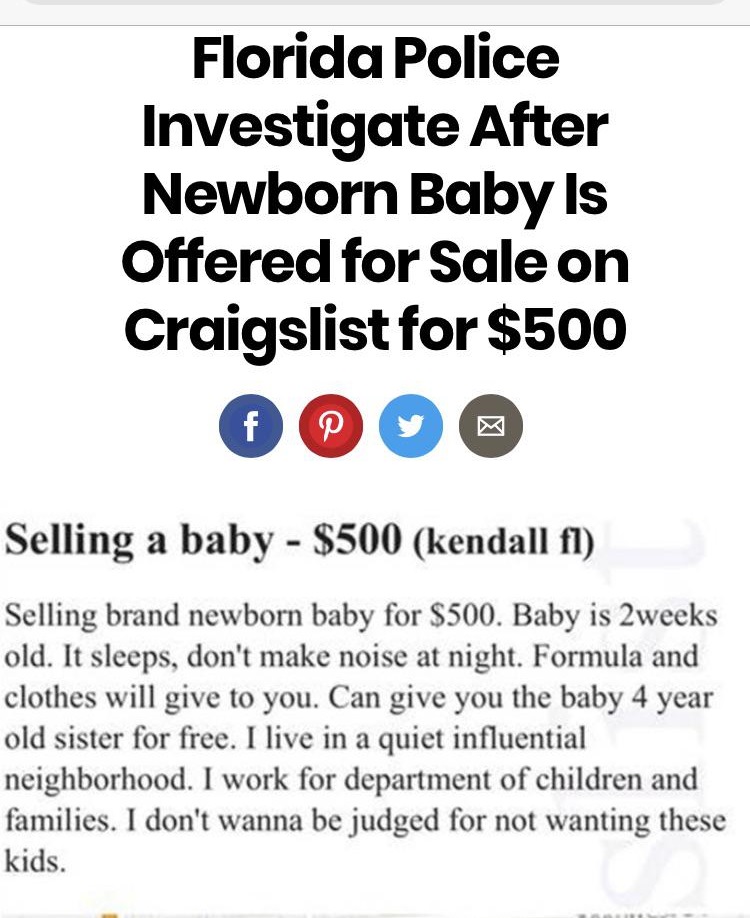 european investment bank - Florida Police Investigate After Newborn Baby Is Offered for Sale on Craigslist for $500 Selling a baby $500 kendall fl Selling brand newborn baby for $500. Baby is 2weeks old. It sleeps, don't make noise at night. Formula and c