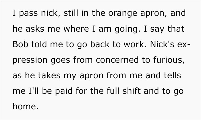 jules albert and solangelo - I pass nick, still in the orange apron, and he asks me where I am going. I say that Bob told me to go back to work. Nick's ex pression goes from concerned to furious, as he takes my apron from me and tells me I'll be paid for 