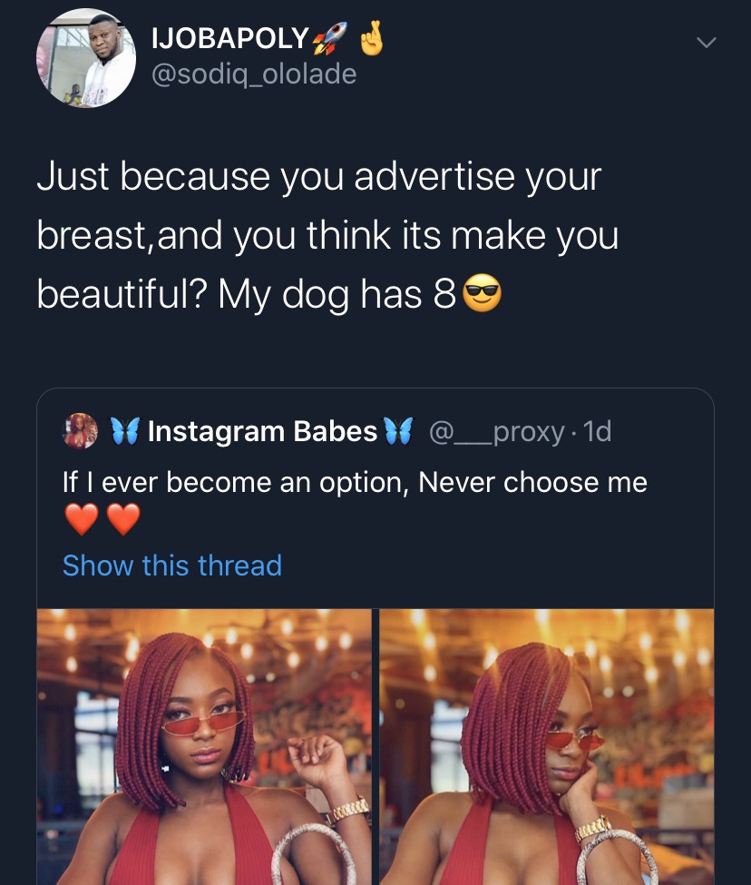 screenshot - Ijobapolysu Just because you advertise your breast, and you think its make you beautiful? My dog has 8 Lv Instagram Babes 1d 'If I ever become an option, Never choose me Show this thread