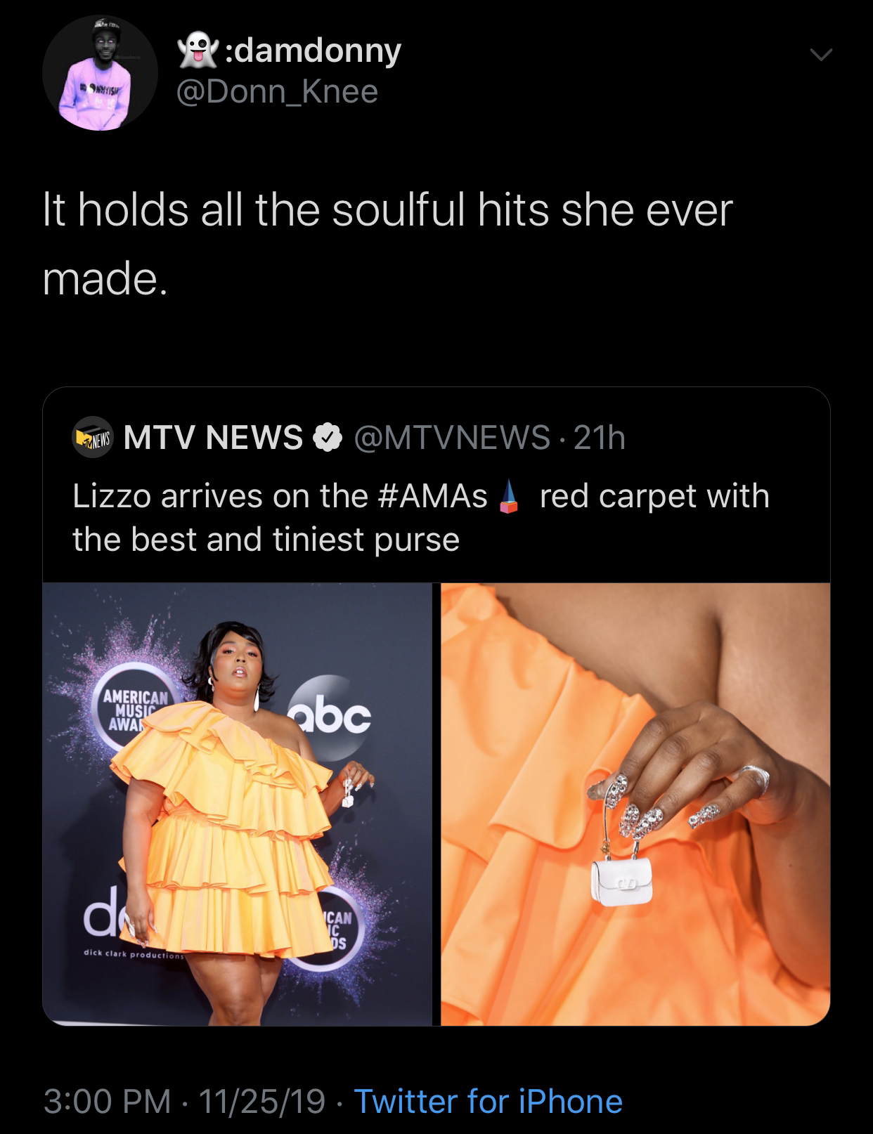 human - damdonny 'It holds all the soulful hits she ever made. Mtv News Lizzo arrives on the red carpet with the best and tiniest purse abc 112519. Twitter for iPhone