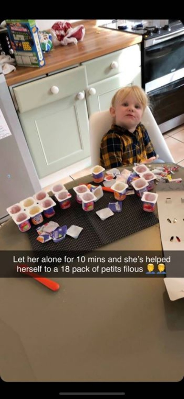 toddler eats 18 yogurts - Let her alone for 10 mins and she's helped herself to a 18 pack of petits filous