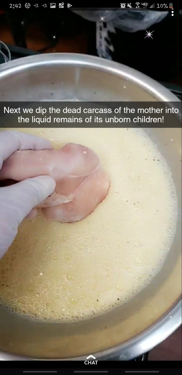 batter - Add OK10% Next we dip the dead carcass of the mother into the liquid remains of its unborn children!