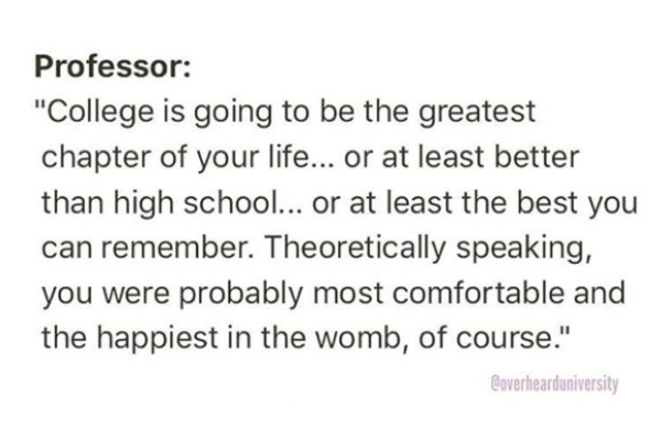 handwriting - Professor "College is going to be the greatest chapter of your life... or at least better than high school... or at least the best you can remember. Theoretically speaking, you were probably most comfortable and the happiest in the womb, of 