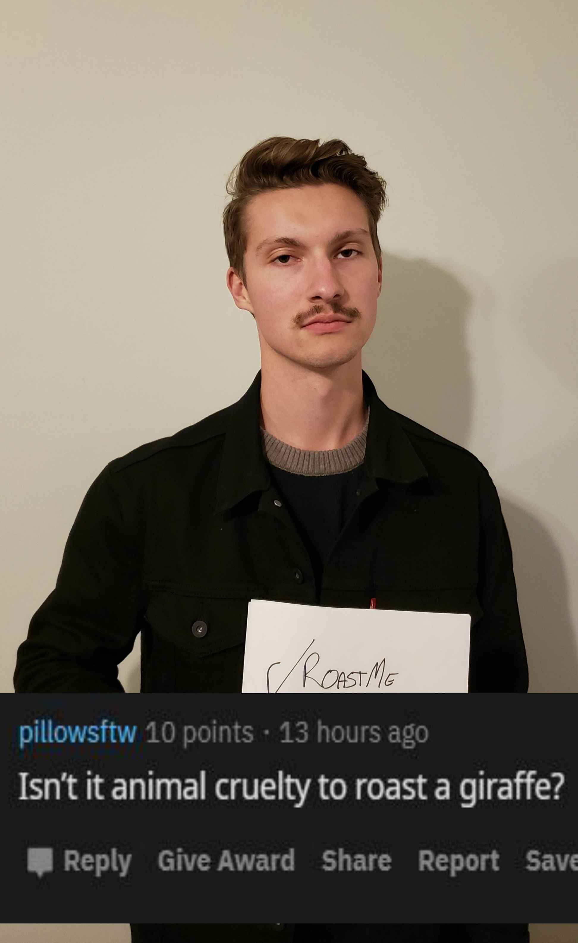 entrepreneur - Roastme pillowsftw 10 points . 13 hours ago Isn't it animal cruelty to roast a giraffe? Give Award Report Save