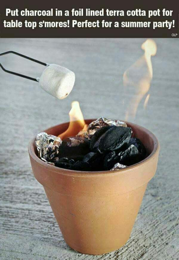 diy mini fire pit - Put charcoal in a foil lined terra cotta pot for table top s'mores! Perfect for a summer party! Oup