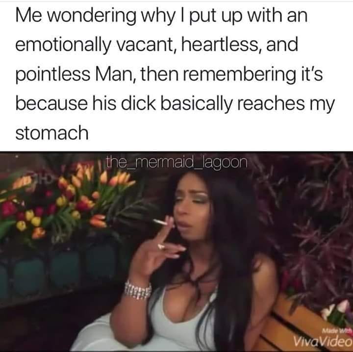 photo caption - Me wondering why I put up with an emotionally vacant, heartless, and pointless Man, then remembering it's because his dick basically reaches my stomach the_mermaid_lagoon VivaVideo