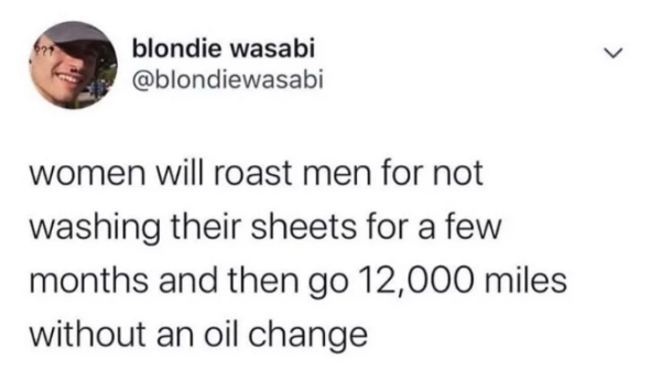 therapist less depressy - blondie wasabi women will roast men for not washing their sheets for a few months and then go 12,000 miles without an oil change