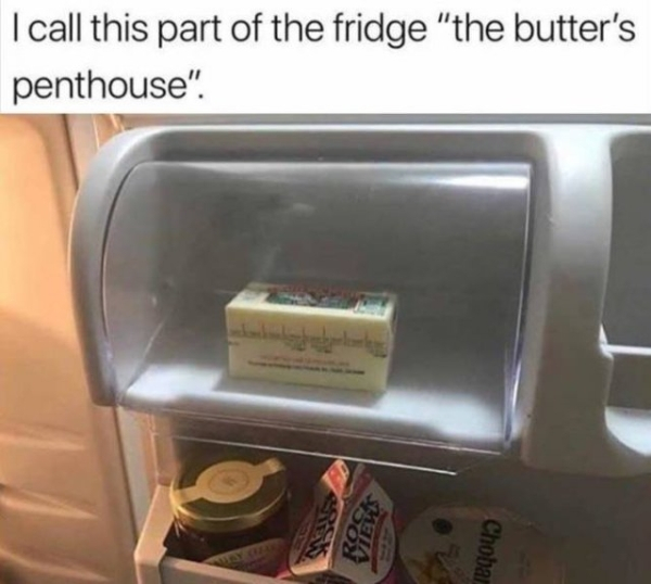 butter penthouse - I call this part of the fridge "the butter's penthouse". Choba