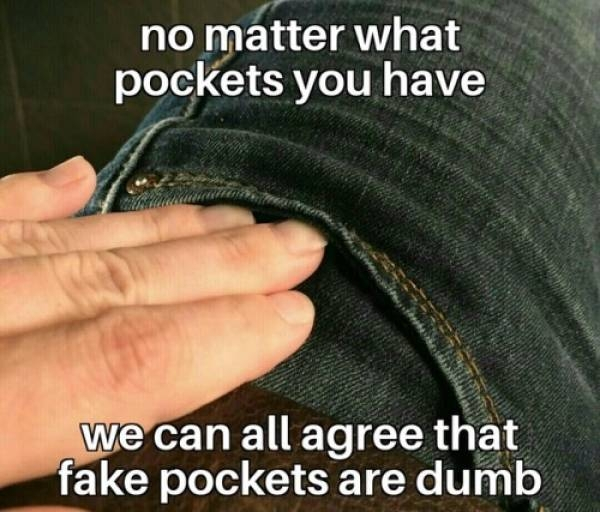 Internet meme - no matter what pockets you have we can all agree that fake pockets are dumb