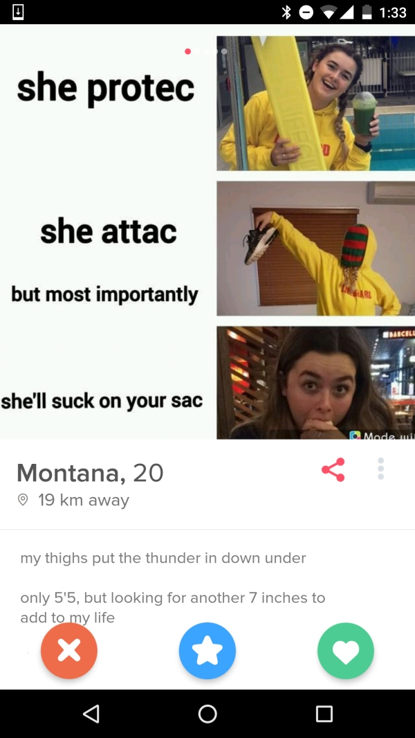 screenshot - O 2 . she protec she attac but most importantly Marcell she'll suck on your sac Made i Montana, 20 19 km away my thighs put the thunder in down under only 5'5, but looking for another 7 inches to add to my life O O O