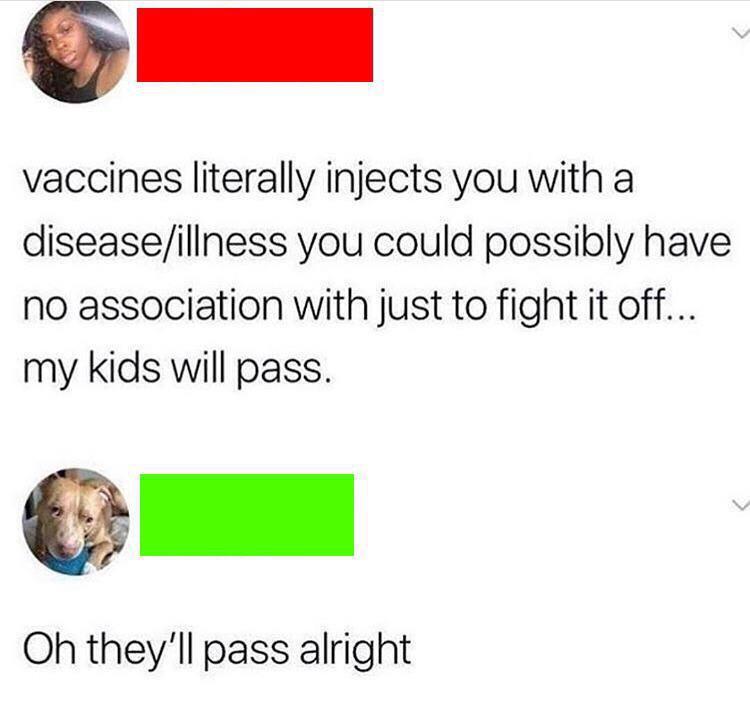 r insaneparents - vaccines literally injects you with a diseaseillness you could possibly have no association with just to fight it off... my kids will pass. Oh they'll pass alright