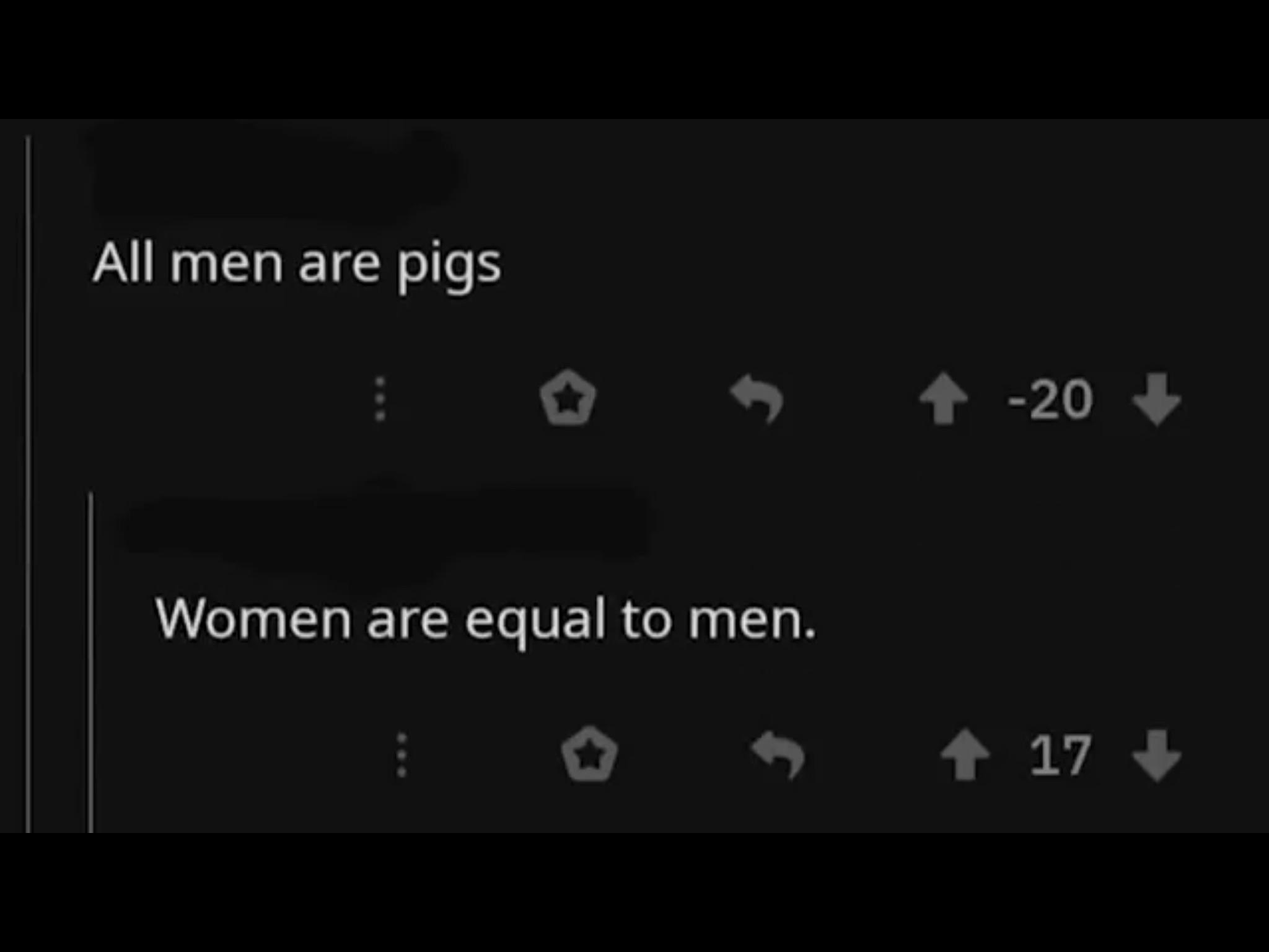 iamveryedgy - All men are pigs E O 20 Women are equal to men. 0 4 17