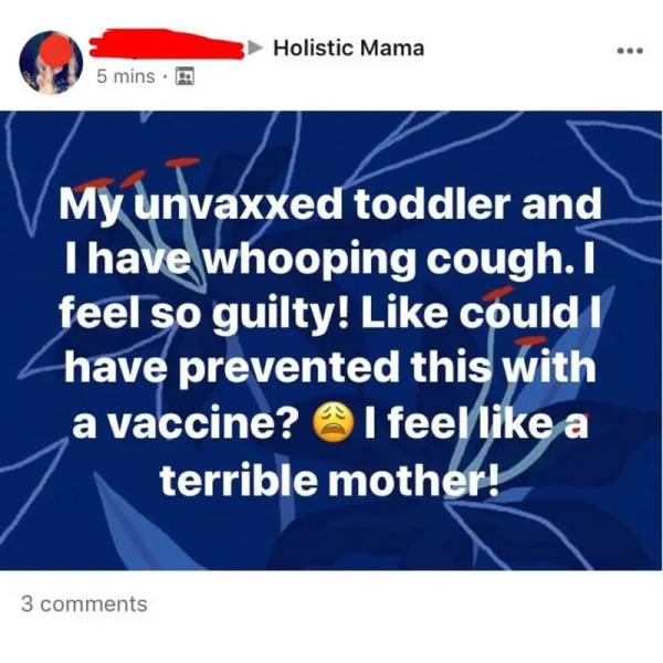 online advertising - 3 Holistic Mama 5 mins. My unvaxxed toddler and Thave whooping cough. I feel so guilty! could I have prevented this with a vaccine? I feel a terrible mother! 3